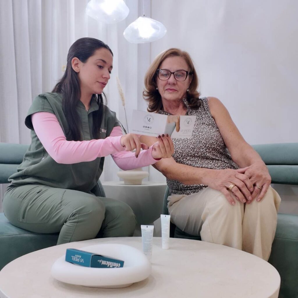 respa therapist showing the vi peel treatment to a client